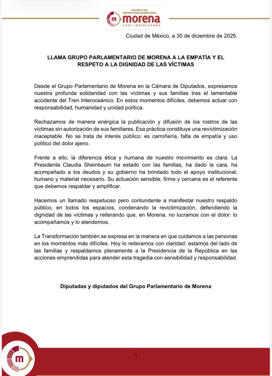Desde el Grupo Parlamentario de Morena hacemos un llamado a la solidaridad y empatía tras el accidente del Tren Interoceánico.
