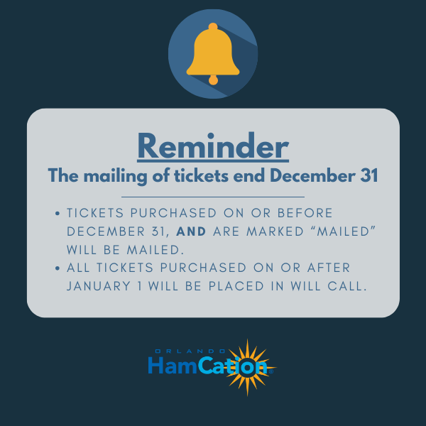 Hamcation's tweet image. Last call for mailed tickets! 

Tickets purchased on or before December 31 and marked "MAILED" will be mailed.  All tickets purchased on or after January 1 will be placed in WILL CALL.

hamcation.com/hamcation-tick…