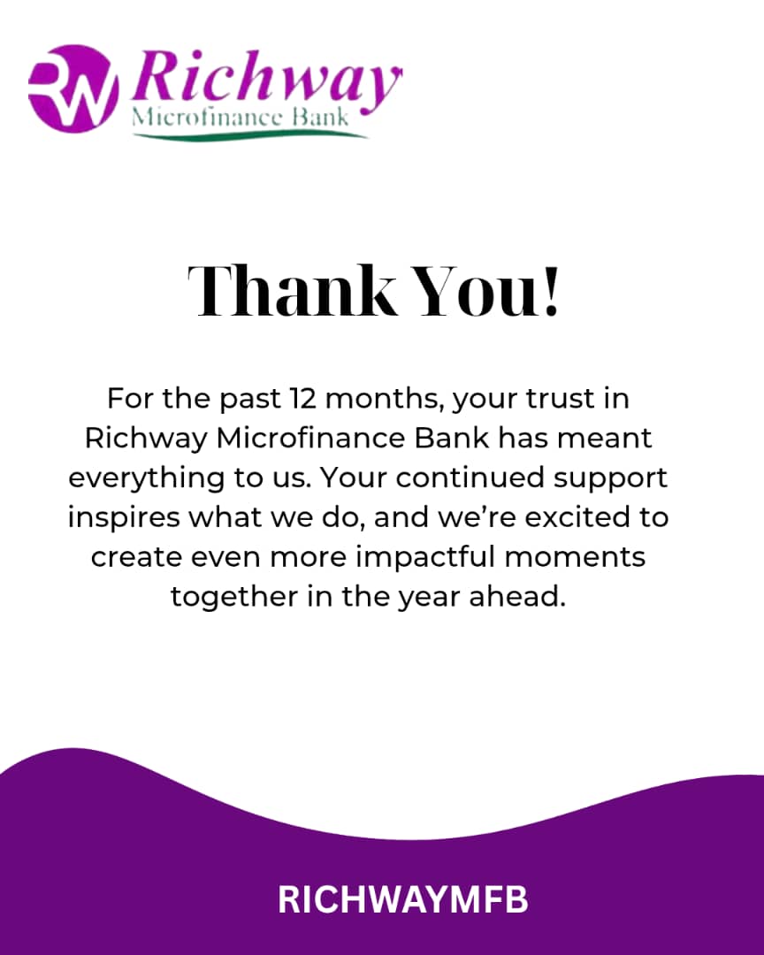 Richway_mfb's tweet photo. Your trust has been the highlight of our year. 💜

To all our customers at Richway Microfinance Bank: Thank you for an incredible 12 months. We are fueled by your support and ready to create even more impact in the year ahead! 

#RichwayMFB #ThankYou #Banking #NewYear https://t.co/Yn0MOXbQd9
