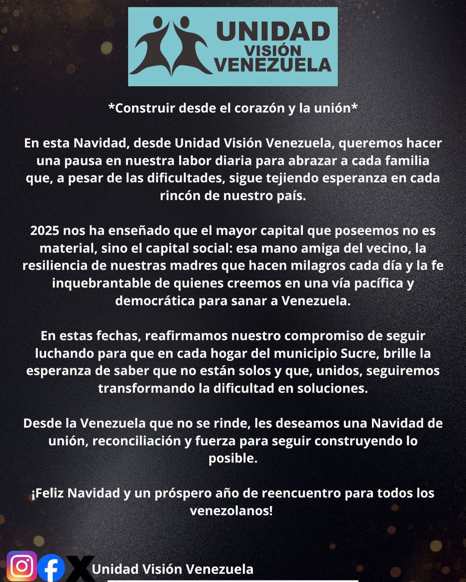 En esta navidad, desde #Unidad <a href="/visionvenezuela/">Unidad Visión Venezuela</a>, queremos desearles Feliz Navidad y un próspero año de reencuentro para todos los venezolanos.
#NuNew 
#AñoNuevo #Venezuela #31Diciembre 
#Miercoles