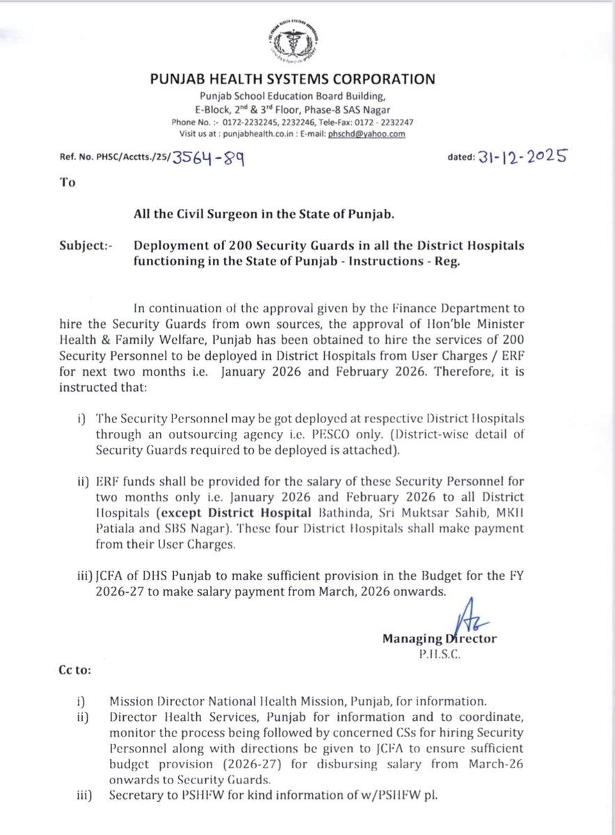 PCMSA_official's tweet photo. Implementation of Phase-1 of Security Framework at 24x7 Public healthcare facilities of the State initiated with Deployement of 200 security gaurds at various DHs‼️

With this, PCMSA’s prime demand of provision of security framework at public health facilities stands fulfilled. https://t.co/DkSFIOFz7z