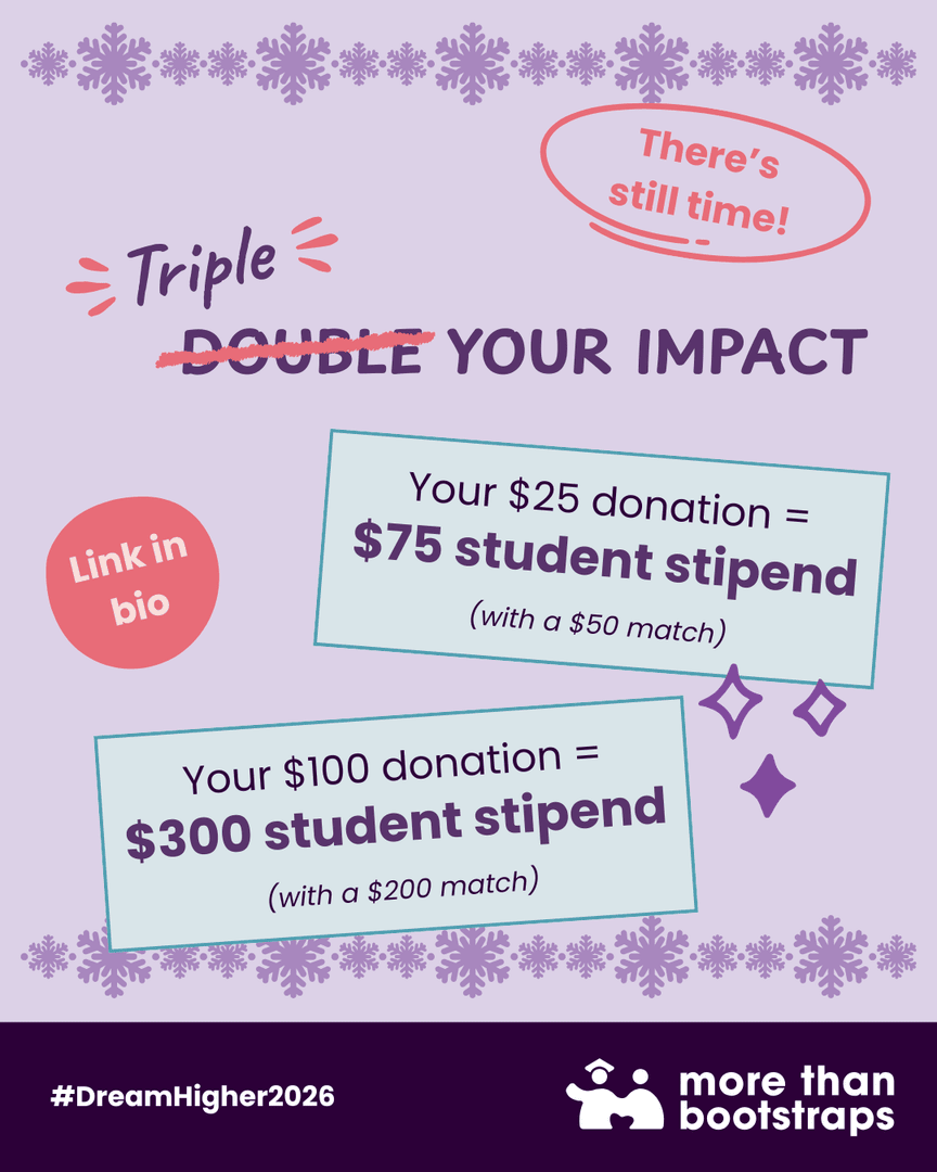 MBootstraps's tweet image. Help us close out the year on a high note! There is still time to make a tax-deductible gift to support MTB students! Donate before the end of the year, and your donation will be TRIPLED by a generous donor!

#dreamhigher2026 #matchinggift