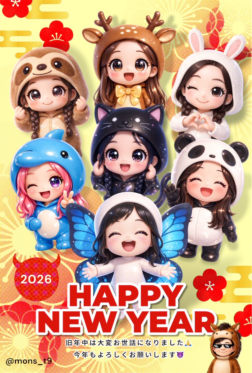 mons_t9's tweet photo. 🎍HAPPY NEW YEAR🦥🦌🐰🦋🐬🐼🐈‍⬛

2026年も愛たっぷりで作成して行きますので
本年もよろしくお願いします👿✨
#BABYMONSTER https://t.co/SsNyI0cOXx