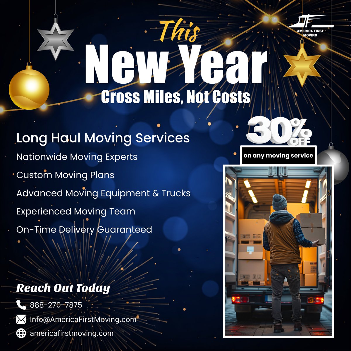 TheMovingServFL's tweet image. New Year. New address. 🎆🚚 Get 30% OFF any moving service with AFM Long Haul Moving. Nationwide expertise, custom plans, advanced trucks, and experienced crews. 

Call 888-270-7875. 

#AmericaFirstMoving #LongHaulMoving #NewYearMove #MovingSpecial