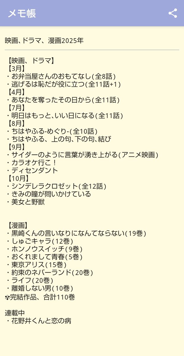 aotuki_otoha's tweet photo. 2025年の漫画、アニメ、映画、ゲームのまとめメモ
今年はすごいリアルが充実してて漫画はあまり読めなかったけど良かった！旅行行ったりととてもいい1年でした！ https://t.co/FbnNEuAmkg
