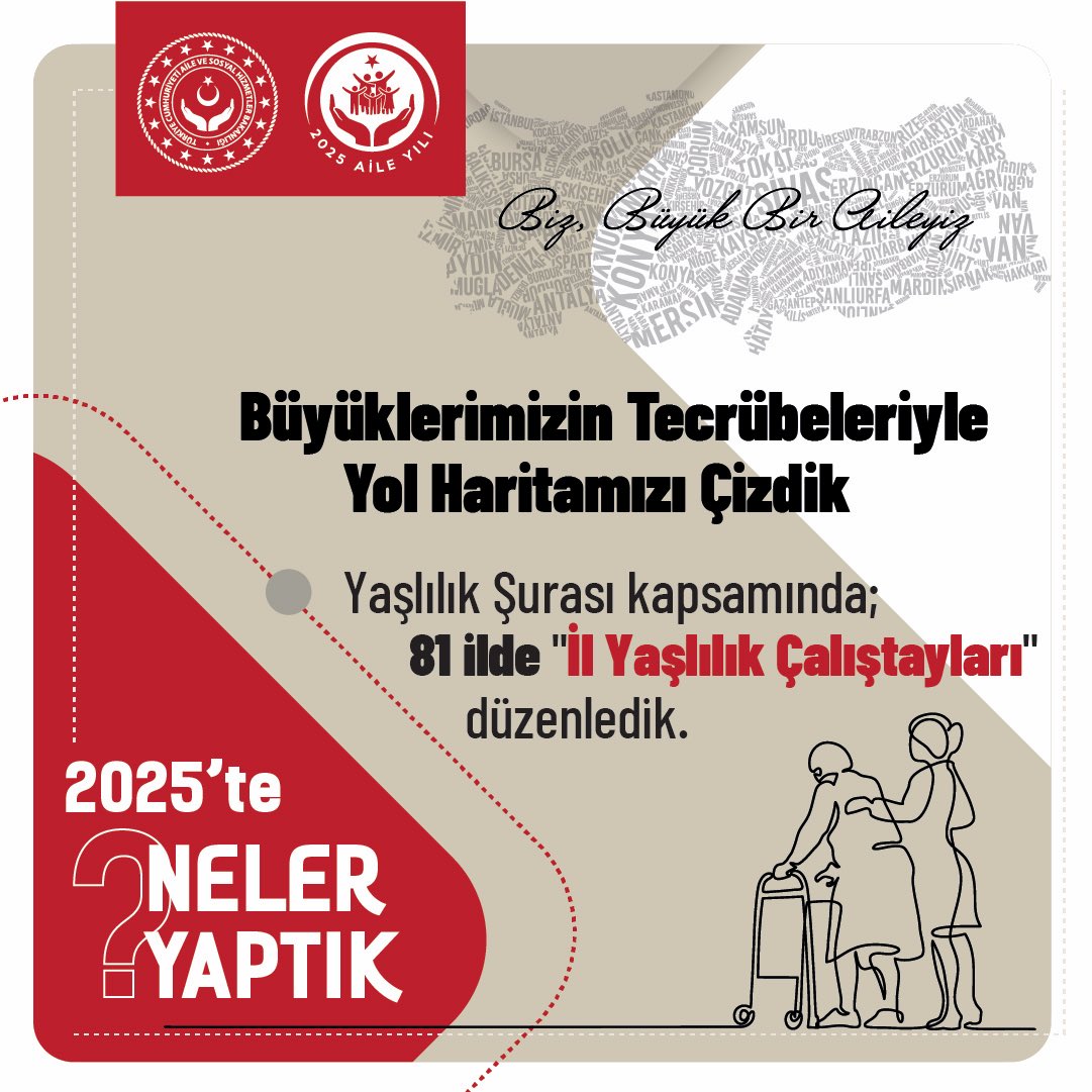 #AileYılı'nda büyüklerimizin tecrübeleriyle sosyal politikalarımıza yön verdik.
 
Yaşlılık Şurası kapsamında; 81 ilde "İl Yaşlılık Çalıştayları" düzenledik.
 
#2025teNeYaptık