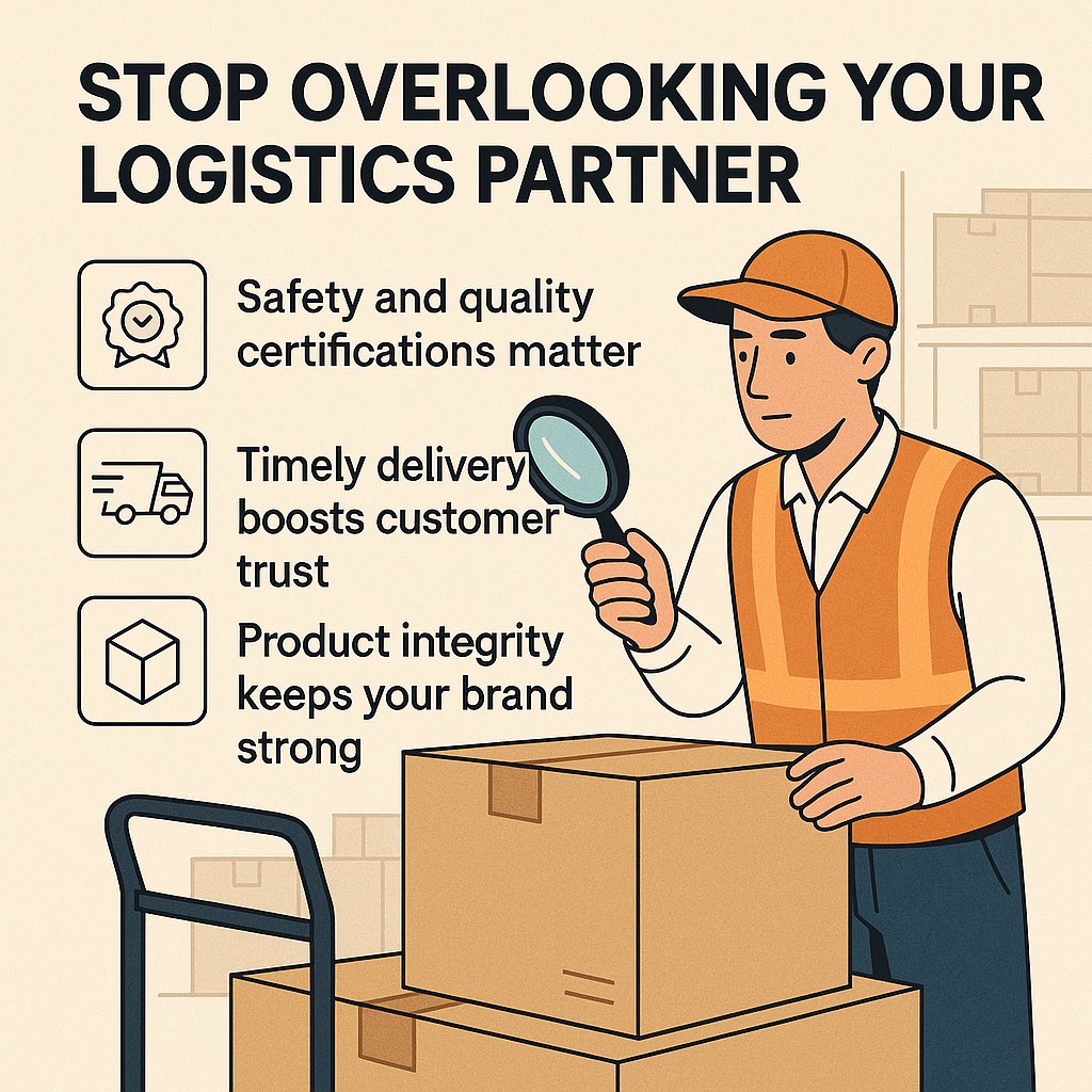 Stop overlooking your logistics partner. 

Smooth supply chains are crucial for success. What counts: 

1/ Safety and quality certifications matter. 

2/ Timely delivery boosts customer trust. 

3/ Product integrity keeps your brand strong.