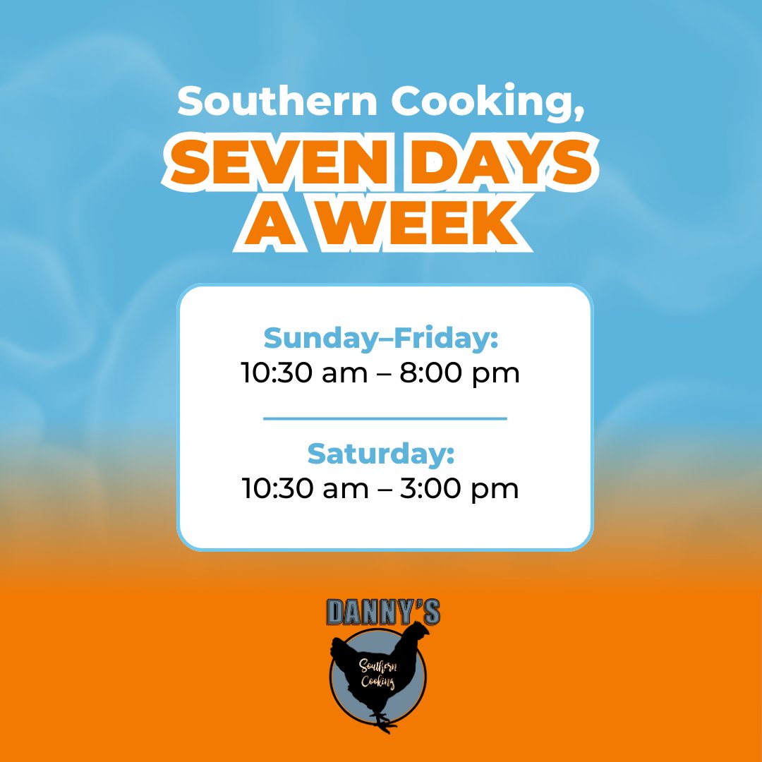 Whether you are planning lunch or supper, Danny’s Southern Cooking has the hours to match your day: Sunday through Friday from 10:30 am to 8:00 pm and Saturdays from 10:30 am - 3:00 pm. Southern comfort stays within reach all week. #DannysSouthernCooking #OpenDaily #EasternShore