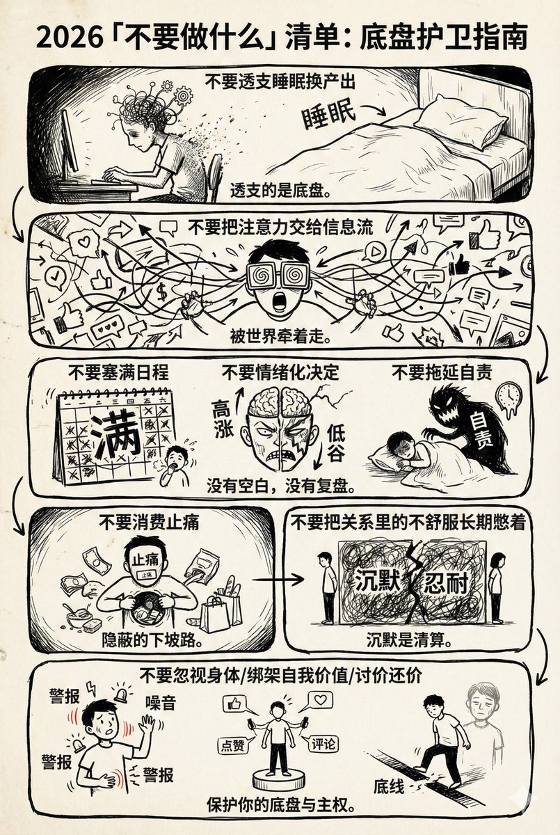 大家都在写2026 新的一年的愿望行动清单，要做这个，要实现那个，信心满满。  那我就反其道而行之吧，搞了这个「不要做什么」行动清单，希望也能对大家有所帮助~ 2026年「不要做什么」行动清单