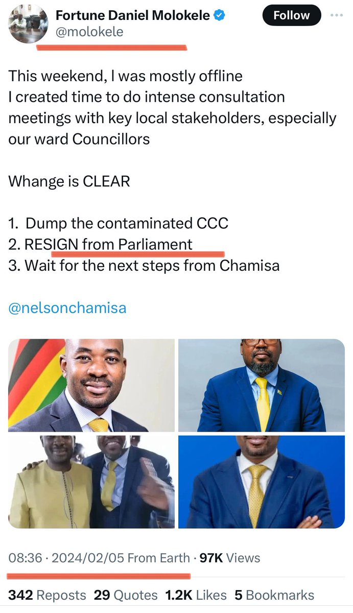 It seems @molokele is still trying to curry favour with his toy President….  After promising to resign from Parliament in February 2024 to please  Chamisa, he is still clinging to the Tshabangu