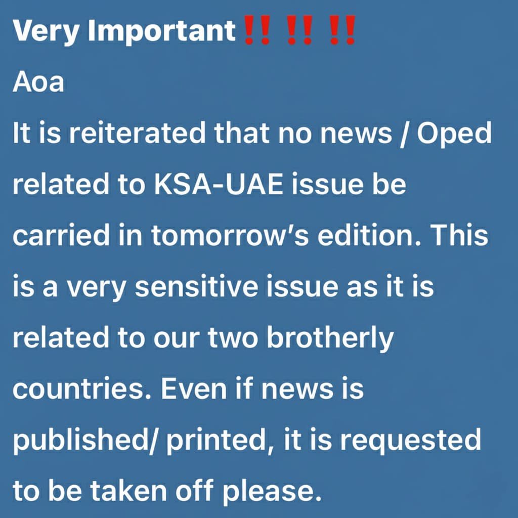 DropSiteNews's tweet image. Pakistan’s military PR wing, ISPR, issued a directive ordering all TV channels and newspapers to stop covering the UAE–Saudi Arabia conflict in Yemen. Following the order, multiple media outlets halted coverage and removed previously published reports.