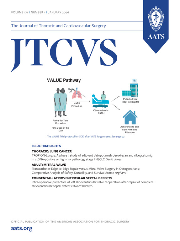 AATSHQ's tweet photo. The January issue of #JTCVS is available to view. Read articles like this VALUE Trial on Phase 1 safety and feasibility study of same-day discharge after video-assisted thoracoscopic surgery lung resection: https://t.co/bVknpp9Q2u https://t.co/GOViq07XV4