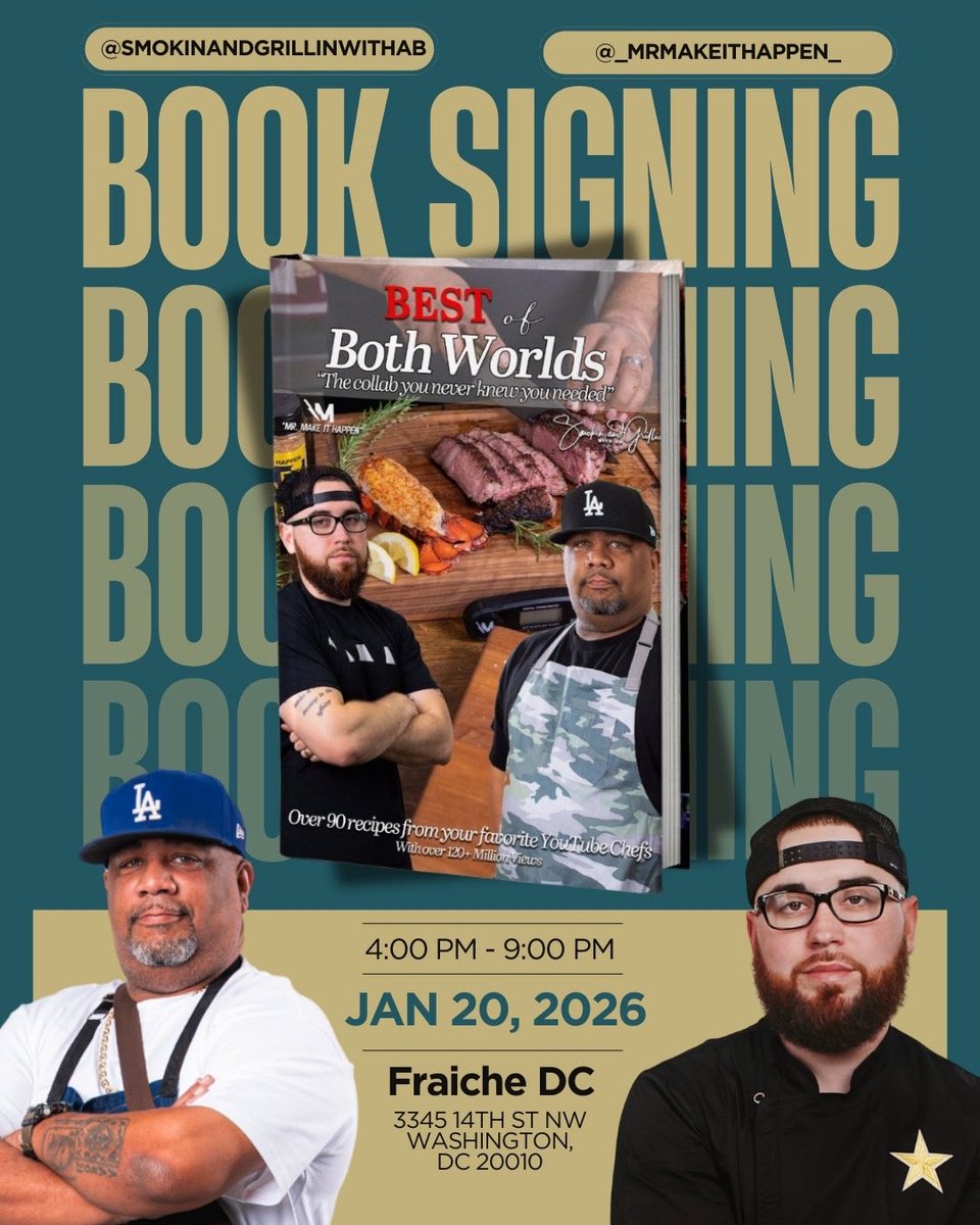 MrMake1tHappen's tweet photo. Come celebrate my birthday on 1/20! Bringing everyone’s favorite food uncle to the restaurant for a meet and greet and book signing https://t.co/bqY3XI1XJb https://t.co/4HNl5LeMII