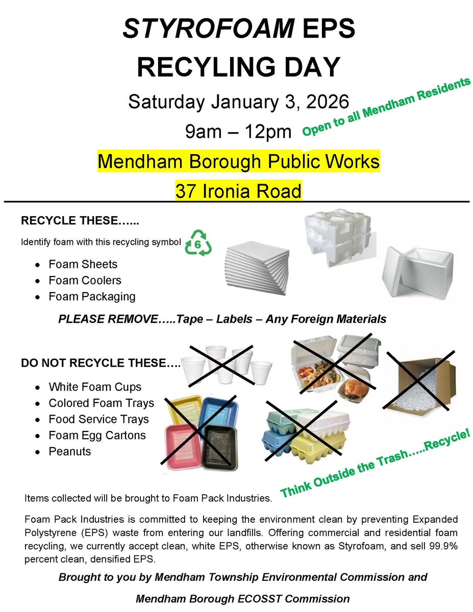 On Saturday, 1/3/26, 9am-noon, The <a href="/MendhamTownship/">Township of Mendham</a> Environmental Commission &amp; Mendham Borough ECOSST Commission will host a Styrofoam EPS Recycling Day at Public Works, 37 Ironia Rd,
The following styrofoam items will be accepted:
Foam sheets
Foam coolers
Foam packaging