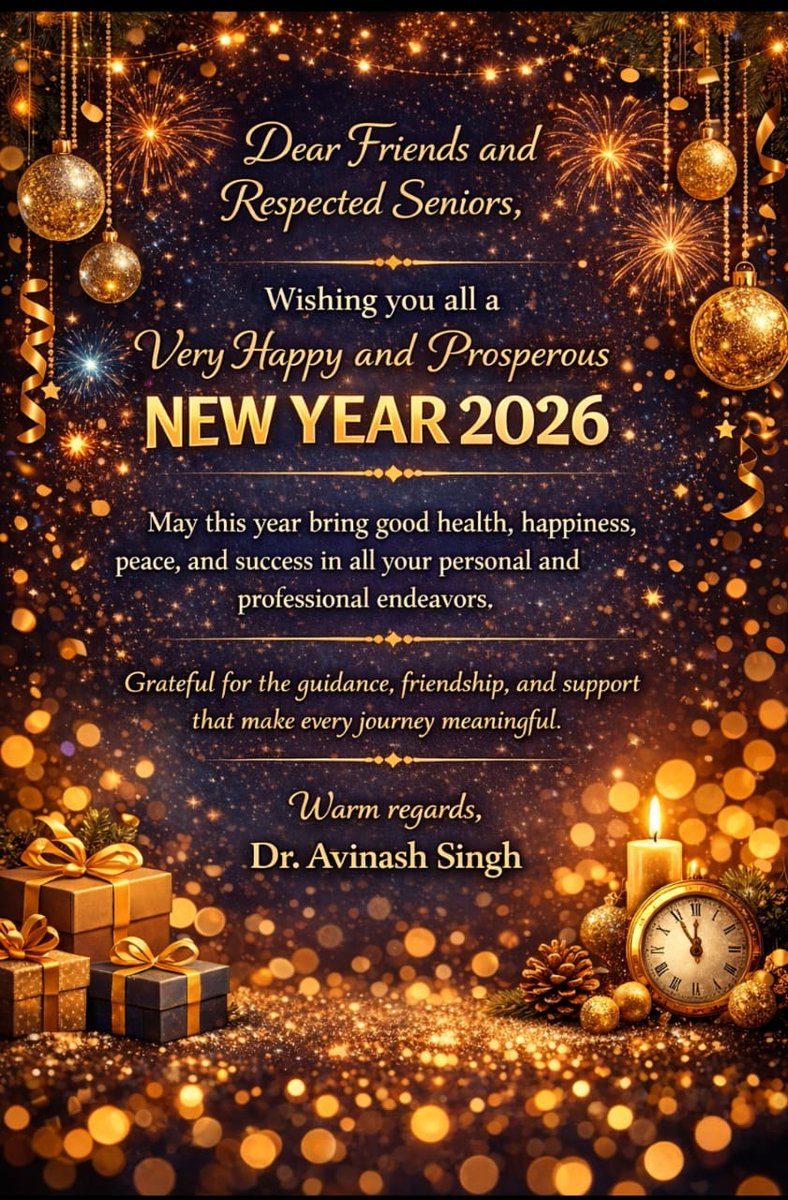 Dear Friends, colleague and Respected Seniors,
Heartiest wishes for a Happy New Year 2026 ✨
May the coming year be filled with positivity, good health, and new achievements for all of us.
Best wishes,
Dr. Avinash Singh