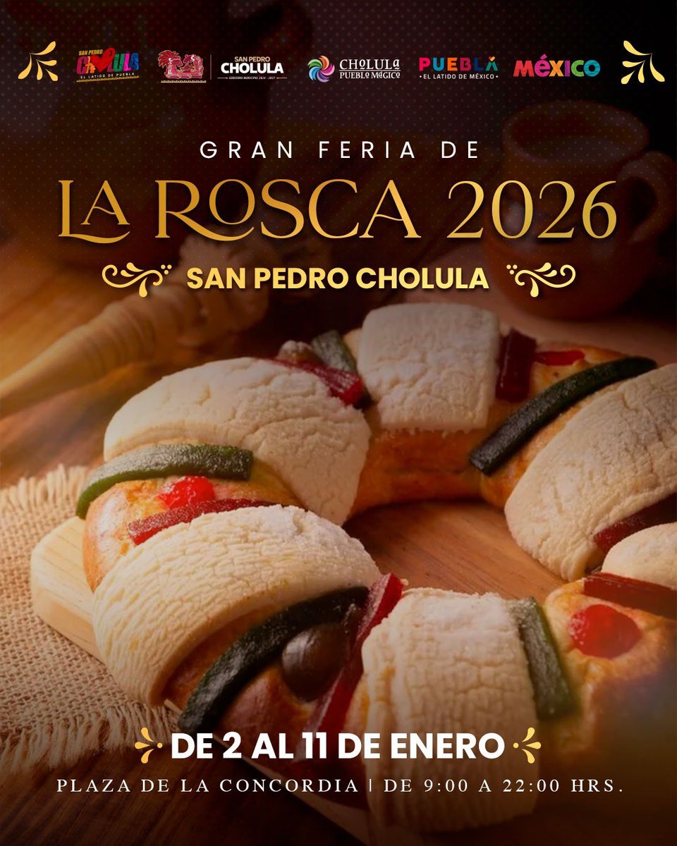 En San Pedro Cholula iniciamos el año 🌟 celebrando nuestras tradiciones y apoyando a quienes dan identidad a nuestro municipio.

📣 Invito a las familias cholultecas y a quienes nos visitan a disfrutar de la Gran Feria de la Rosca 2026, del 2 al 11 de enero en 📍 la Plaza de la