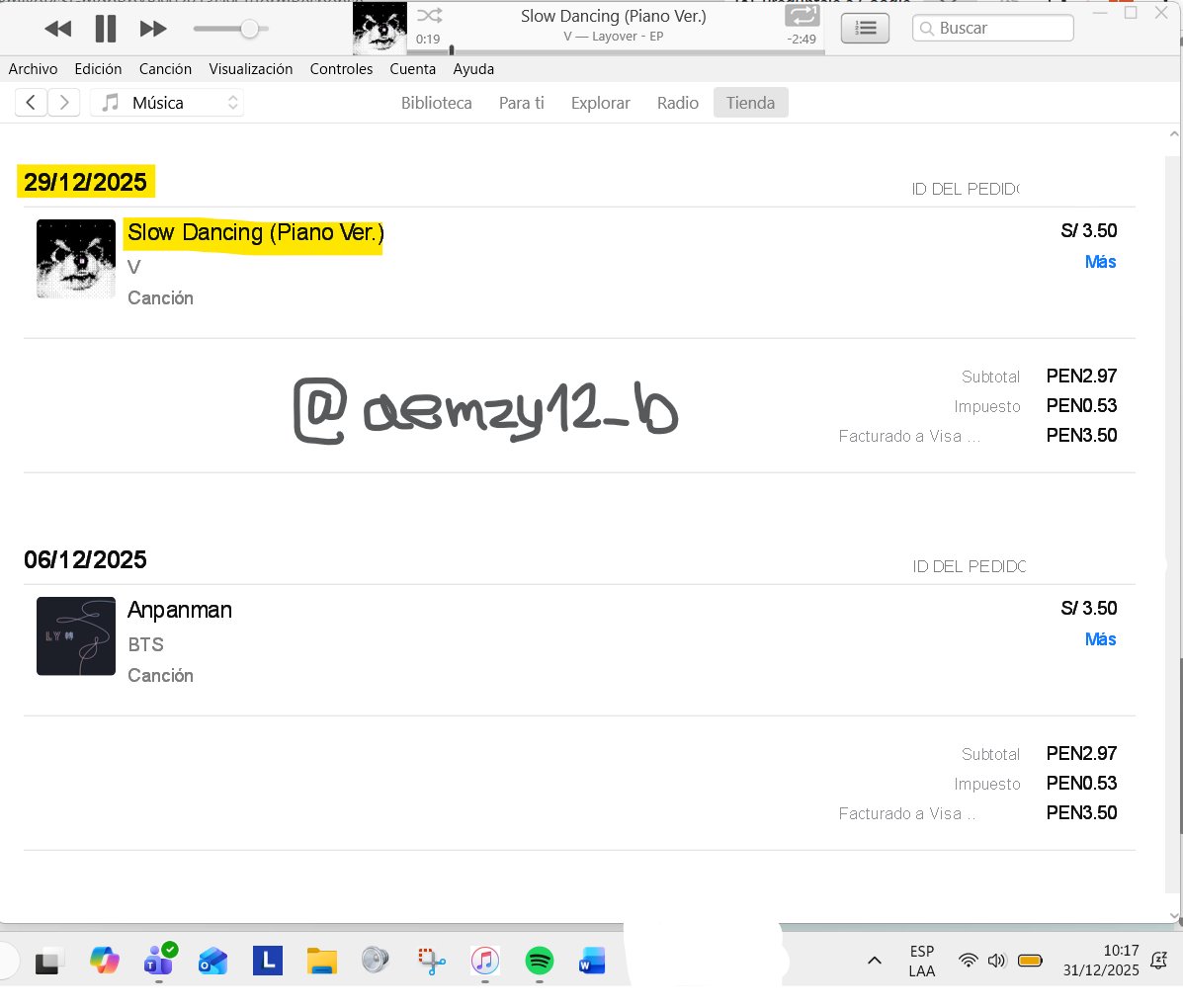 aemzy12_b's tweet photo. un poco tarde pero siempre agradezco al grupo por darme la oportunidad de apoyar en estas metas 

Gracias al team @ARMYiTunesPeru por financiar mi compra de  #SLOW_DANCING piano version by #TAEHYUNG  en itunes.
#HAPPYVDAY #HappyBirthdayTaehyung HAPPYTAEHYUNGDAY https://t.co/myHyaWVo0K