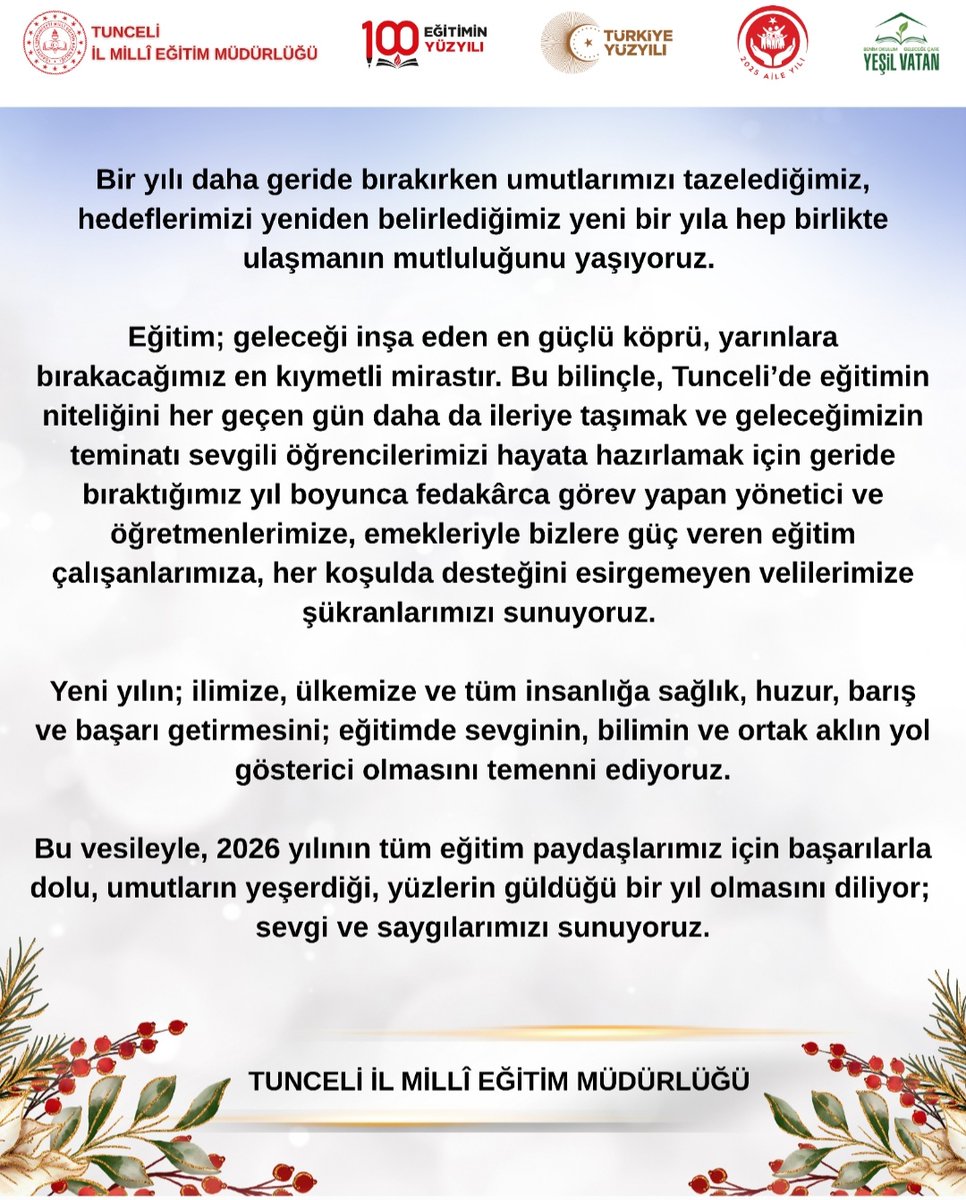 ❄️ Sağlıklı, mutlu ve başarılarla dolu bir yıl diliyoruz.

<a href="/tcmeb/">Millî Eğitim Bakanlığı</a> <a href="/Yusuf__Tekin/">Yusuf Tekin</a> <a href="/sefikaygol/">Şefik AYGÖL</a> <a href="/BahameddinK/">Bahameddin KARAKÖSE</a>
