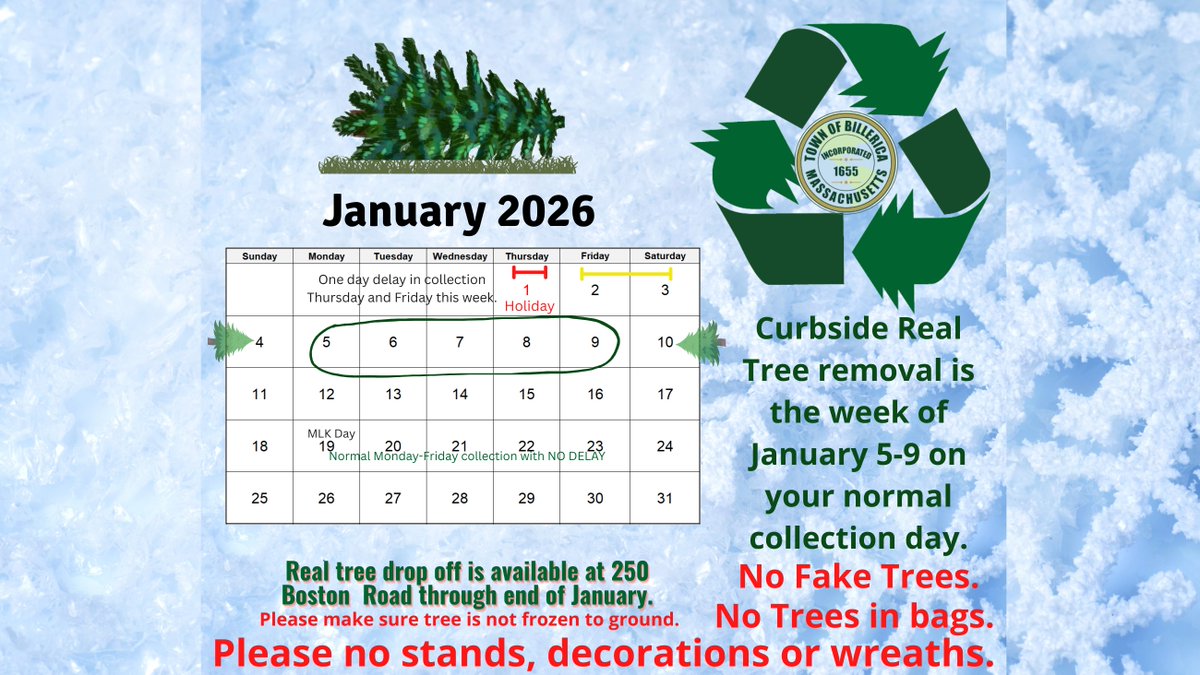 Curbside Real Tree removal is the week of January 5-9 on your normal collection day. Please make sure your tree is bare and accessible and not frozen to ground for collection. Remember there is a one day delay for collection on Thursday and Friday after New Year's Day. Thank you!