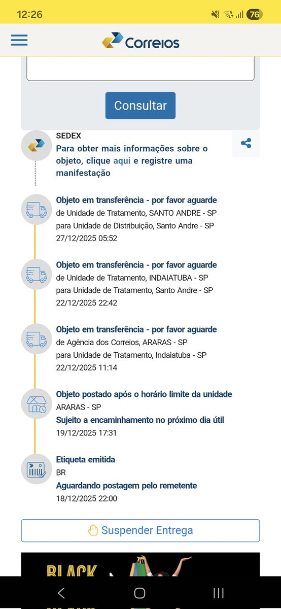 Cada dia pior o <a href="/MercadoLivre/">#MercadoLivreBBB26 📦</a> e <a href="/correiosBR/">Correios do Brasil</a> .
Comprei um aspirador DIA 09/12 e o prazo que o Mercado LIXO deu, a partir do dia 22/12.
Vendedor postou dia 19 em Araras-SP, mandaram pra Santo André 22/12 e desde então está PARADO!
Mercado LIXO E CORREIOS NUNCA MAIS. SHOPPE ATROPELA