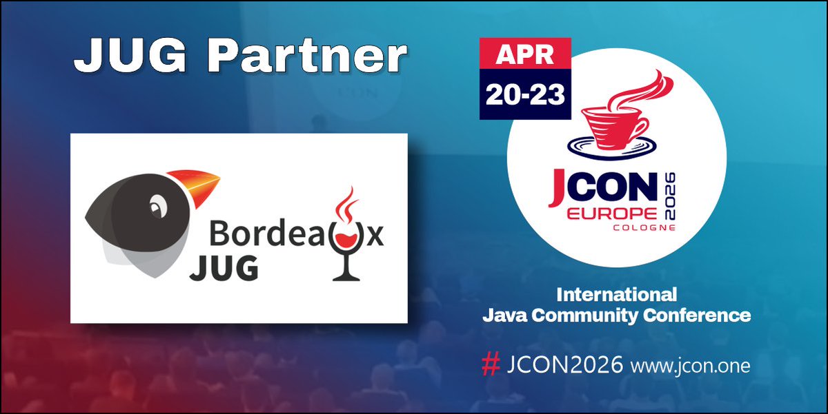 We are happy to have <a href="/BordeauxJUG/">BordeauxJUG</a> back as a partner of #JCON2026!

For all #JUG members we offer 1,000 free #JavaUserGroup tickets!
First come, firste serve!
#JCON #Java <a href="/Lilian_Benoit/">Lilian BENOIT</a> <a href="/laurentforet/">Laurent Foret</a> 

Free JUG ticket: pretix.eu/impuls/europe2…

Become a partner JUG: