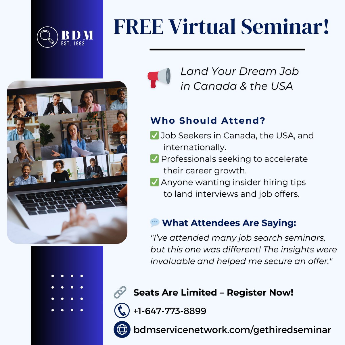 jobsfrombdm's tweet image. 🔑 Unlock Jobs in Canada &amp;amp; USA 🔑
🆓 Free Virtual Seminar + Free Job Referrals

👉 Register: bdmservicenetwork.com/gethiredseminar 

#JobSearch 🔍 #CareerDevelopment 📈 #GetHired 🚀 #CanadaJobs 🇨🇦 #USAJobs 🇺🇸