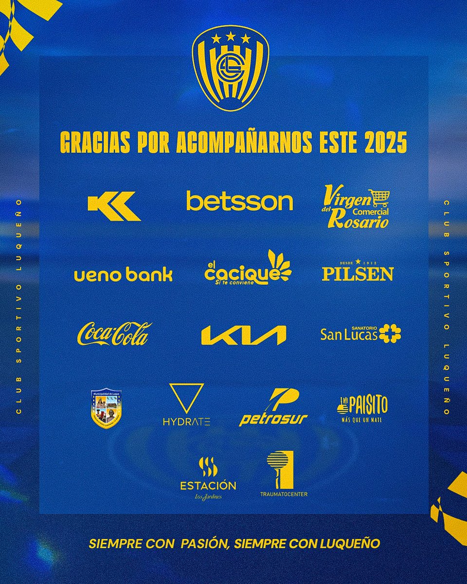 Cerramos el 2025 agradeciendo a todas las marcas que fueron parte del camino del Sportivo Luqueño. 😃

 Su apoyo fortalece nuestro presente y nos impulsa hacia nuevos desafíos. 🤝💙💛