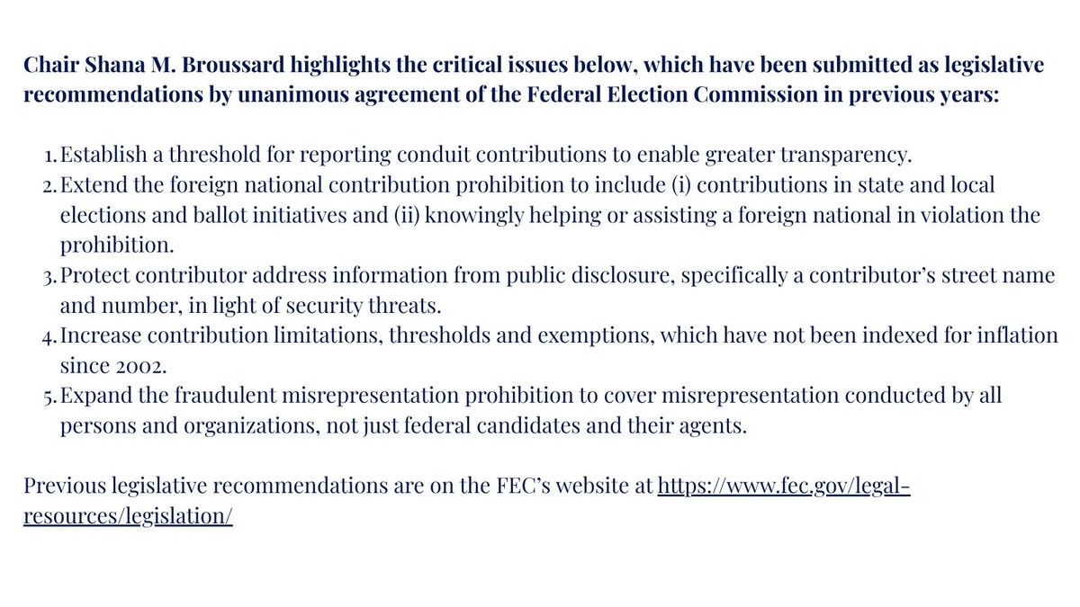 While the <a href="/FEC/">The FEC</a> is unable to submit recommendations to Congress for 2025 due to a lack of quorum, I want to keep these critical issues on everyone's radar: