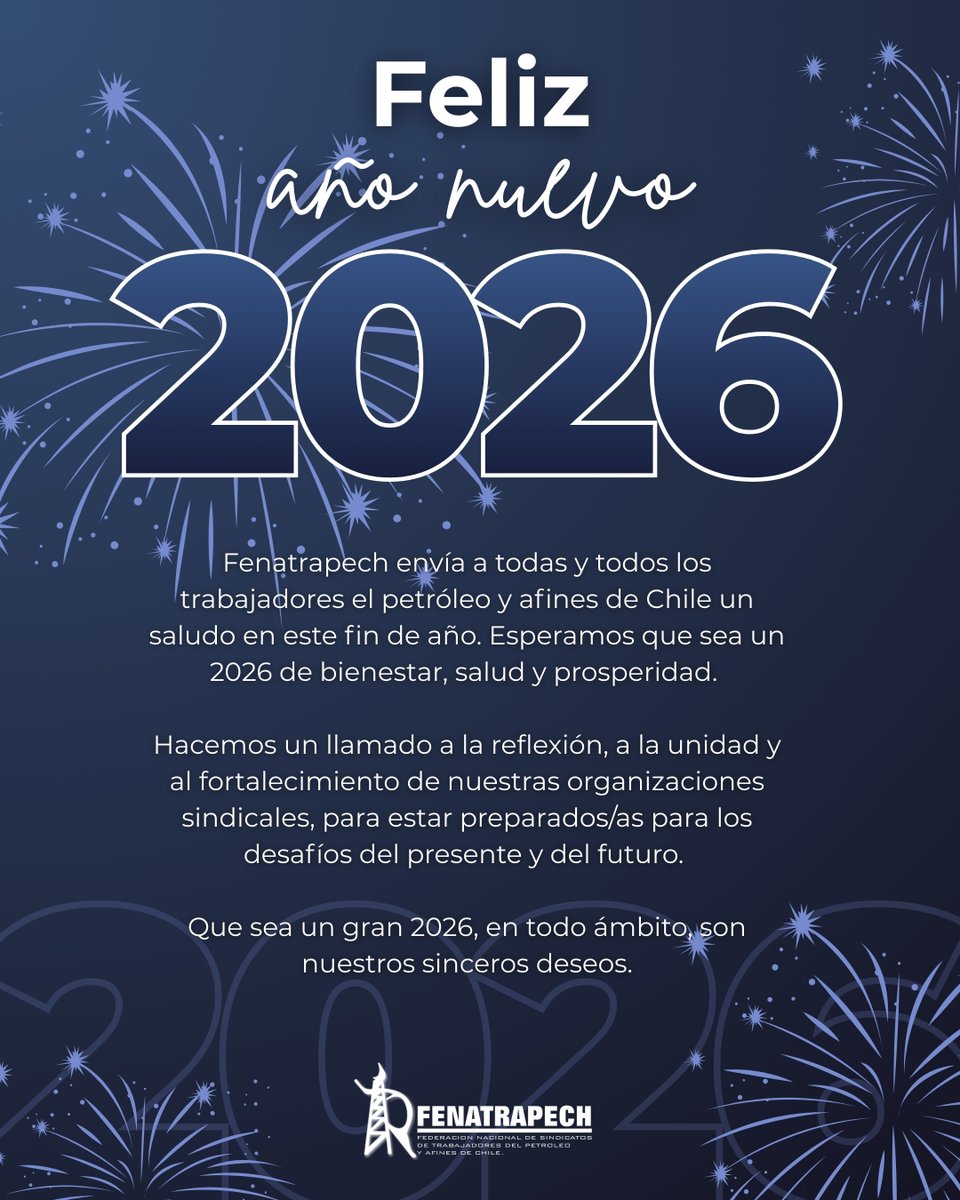 ¡Feliz año nuevo!

Fenatrapech envía a todas y todos los trabajadores el petróleo y afines de Chile un saludo en este fin de año. Esperamos que sea un 2026 de bienestar, salud y prosperidad. 

#2024
#2025
#añonuevo
#enap
#nuevoaño