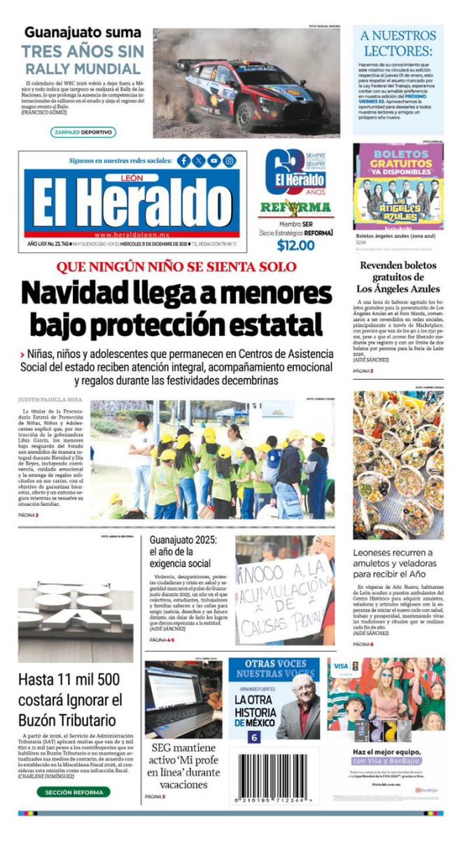 ☀️ ¡Buenos días! 📰 Te presentamos nuestra portada de hoy #Miércoles🗞 📲   
☑️ Navidad llega a menores bajo protección estatal
👉 bit.ly/4q1ndSp
☑️ Revenden boletos gratuitos de Los Ángeles Azules
👉 bit.ly/4pZd4p0
☑️ Leoneses recurren a amuletos y veladoras