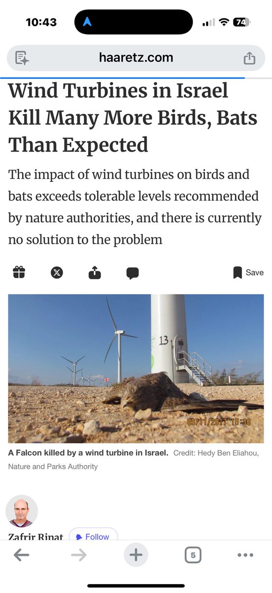 jaketapper's tweet image. President Trump posts an image and writes “Windmills are killing all of our beautiful Bald Eagles!”

The image is a dead falcon at an Israeli wind turbine, as seen in this 2017 @haaretzcom story.