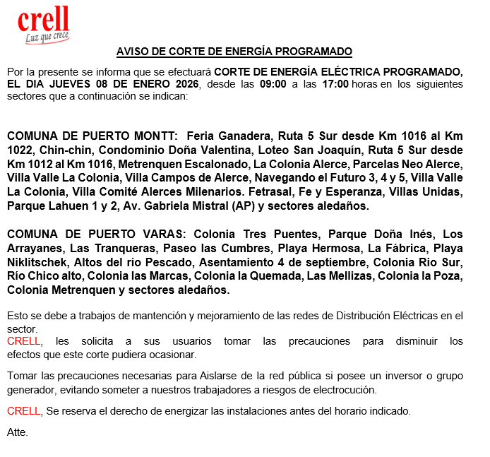 Corte programado para el día jueves 08/01/2026, en las comunas de Puerto Montt y Puerto Varas.