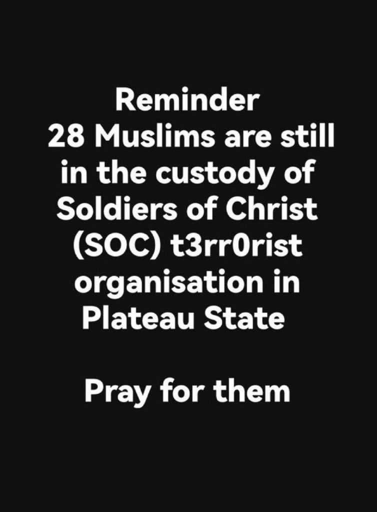 28 Muslim travelers are still held captive by Plateau Christian terrorist in plateau state !!!

Keep praying for them !!!