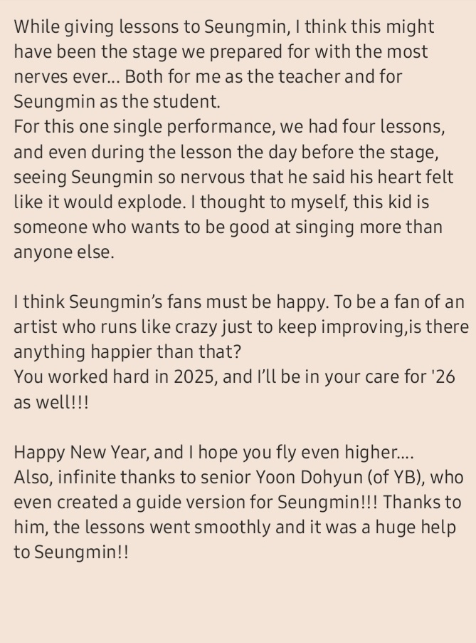smnfeed's tweet image. ♡[251231] #Seungmin's vocal coach instagram update

"I think Seungmin’s fans must be happy. To be a fan of an artist who runs like crazy just to keep improving"