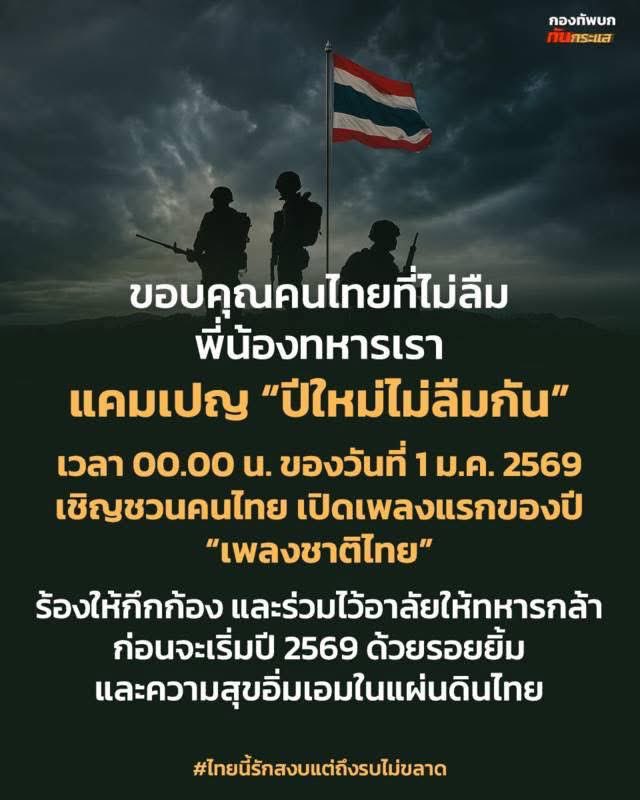 prroyalthainavy's tweet image. 00.00 น. วันที่ 1 มกราคม 2569
เปิดเพลงชาติไทยพร้อมกันทั้งประเทศ
ร่วมรำลึกและส่งกำลังใจให้พี่น้องทหารกล้า 🇹🇭

#ไทยนี้รักสงบแต่ถึงรบไม่ขลาด
