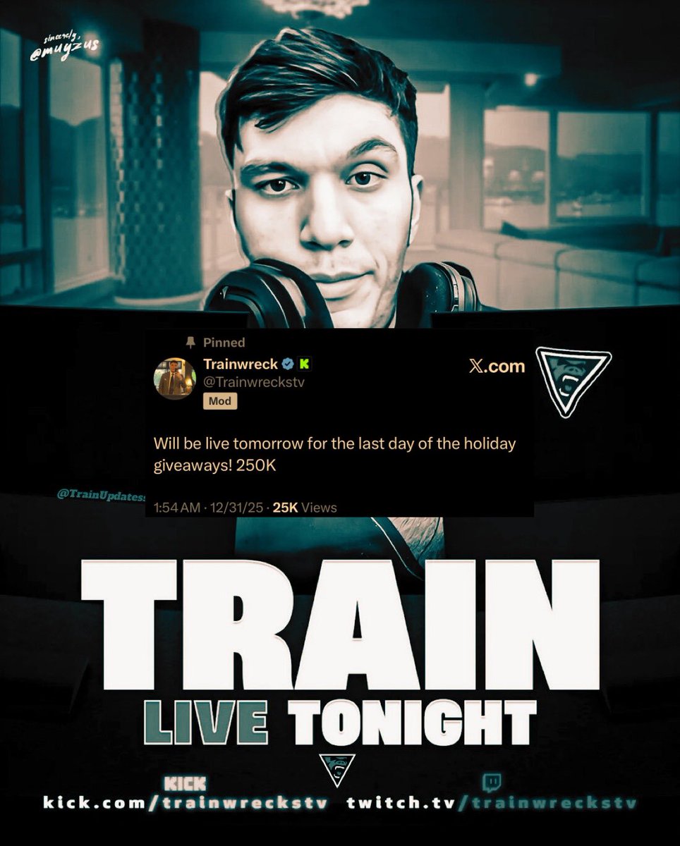 Train will go Live today 🍾

250k GIVEAWAY on Kick! 

NEW YEARS STREAM 🎆🎇