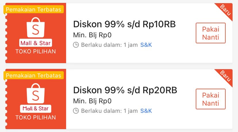 Info Promo Shopee 1.1 Voucher Diskon 99% sd 20RB

⏰ 00.00
📍Min Blj 0

SHOPEE11STU319
SHOPEE11DIA963
SHOPEE11ROS727
SHOPEE11RES864
SHOPEE11ADZ777
SHOPEE11ERL245
SHOPEE11SRI595
SHOPEE11DEN783
SHPSARWENDAHN63ZL
HIATTANYSP47HYA

Input kodenya sekarang disini
s.shopee.co.id/7fTD1pXBfV