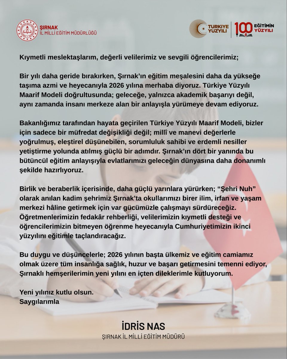 İl Milli Eğitim Müdürümüz Sayın İdris Nas’ın yeni yıl mesajı.
<a href="/tcmeb/">Millî Eğitim Bakanlığı</a>  <a href="/Yusuf__Tekin/">Yusuf Tekin</a> <a href="/SirnakValiligi/">T.C. Şırnak Valiliği</a> <a href="/BirolEkici73/">Birol Ekici</a> <a href="/idrisnas33/">İdris Nas</a>