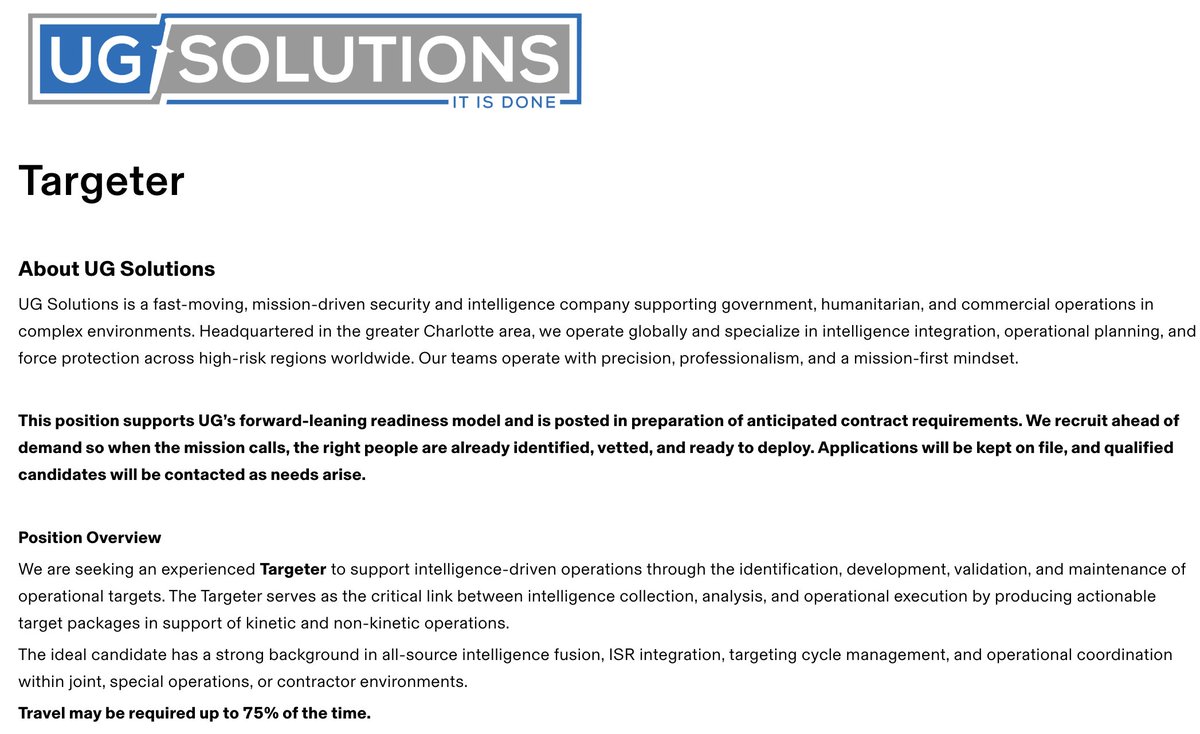 MaxBlumenthal's tweet image. At almost the same moment that Israel banned 37 international aid orgs from Gaza, UG Solutions listed a position for an “experienced Targeter to support intelligence-driven operations through the identification, development, validation, and maintenance of operational targets”