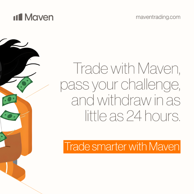 Maventrading's tweet photo. Trade with Maven, pass your challenge, and withdraw in as little as 24 hours.