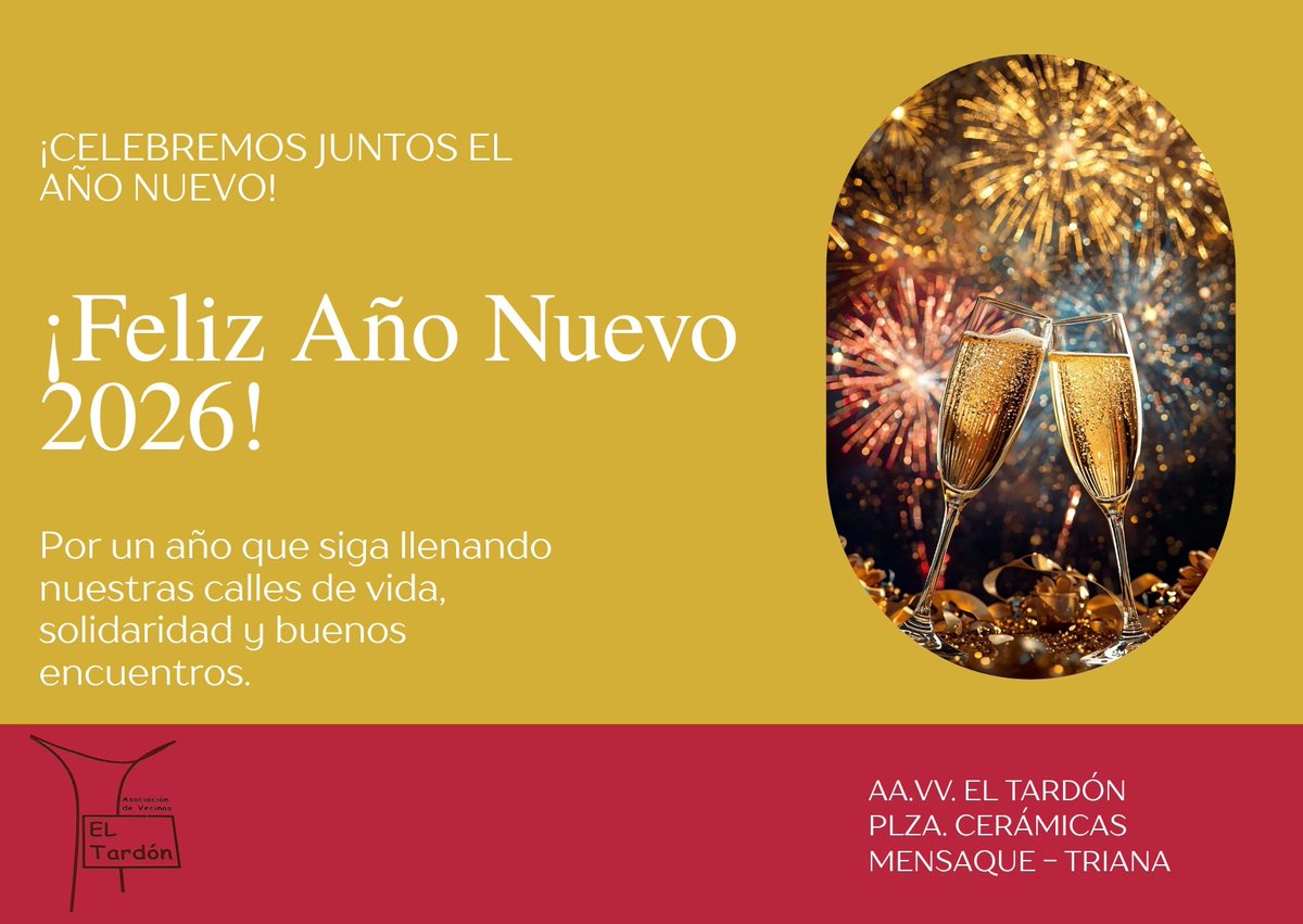 aavv_eltardon's tweet photo. 🎉 ¡Feliz año nuevo! Brindemos por un 2026 lleno de alegrías 🥂 https://t.co/BD8jc3cFu6