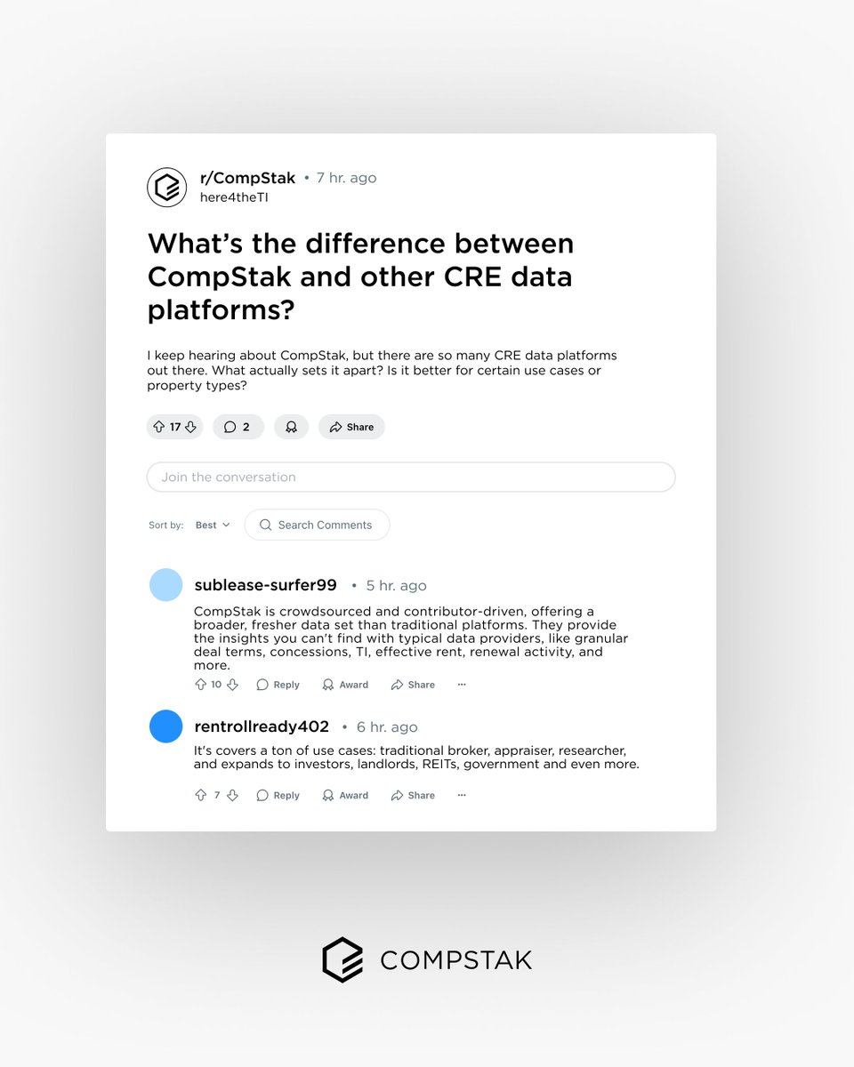 CompStak's tweet image. “There are a lot of CRE data platforms out there… but what’s the real difference?” 🧵 

CompStak brings together over 40,000 CRE professionals to share verified lease and sale comps, so you’re not stuck with stale or surface-level data.

#Reddit #commercialrealestate #data