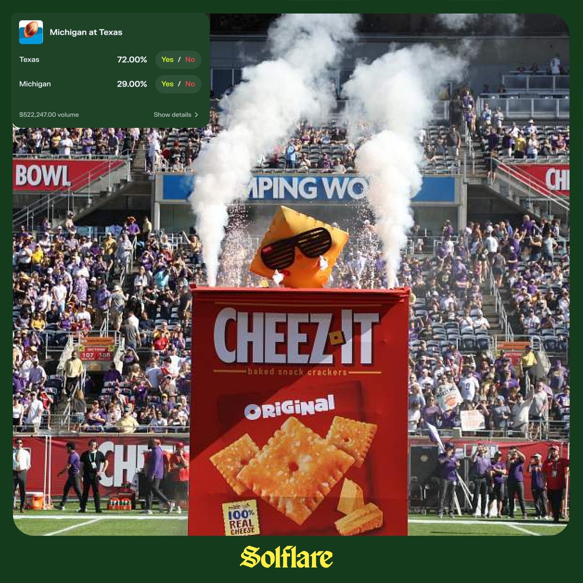 solflare's tweet image. The Cheez It Citrus Bowl is @ 3:00 PM EST

Michigan Wolverines (18) take on Texas Longhorns (13) for the seventh oldest college football bowl game in the USA.

Texas has a 72% chance of winning. ↓