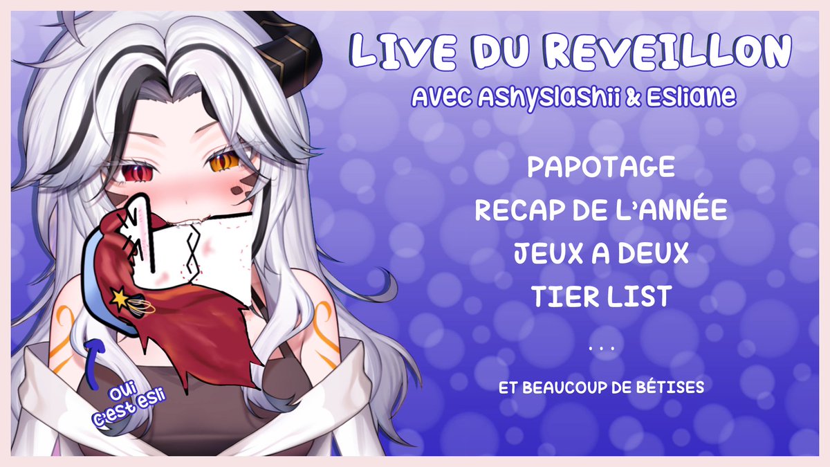 HAWOOOOO 💫

Ce soir à 19h on fêtes le nouvel an sur Twitch avec la belle <a href="/Esliane_/">Esliane</a> 

Voues etes prêt a notre programme de folie qu'on vous à préparez ?? (plus esli que moi mais chhht-)

🍎 twitch.tv/ashyslashii 🍎
🐦‍⬛twitch.tv/esliane🐦‍⬛