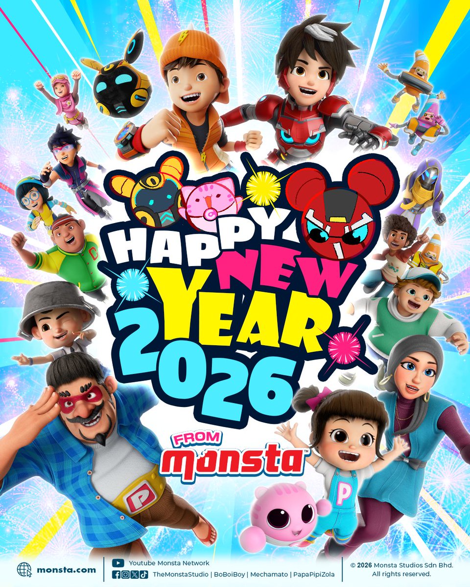 HAPPY NEW YEAR 2026 ❗🥳 Let's enter the new year together with loads of fun and more exciting adventures!  

#MONSTA #BoBoiBoy #Mechamato #PapaPipi #PapaZolaTheMovie #NewYear #AniMY #AnimaSEA