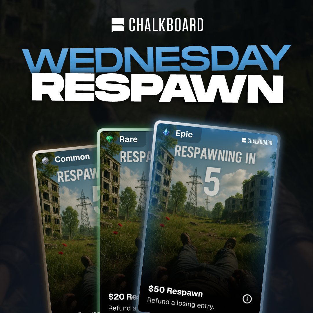 ChalkboardHQ's tweet image. Wednesday Respawn 🦾 

We're giving away 10 Respawn Cards today! To enter, just repost &amp;amp; reply with the following:
         
🔺 Your Chalkboard username
🔺 A pick of a losing entry
🔺 Must follow us @ChalkboardHQ
