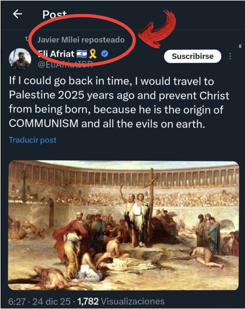 elhigadodmarita's tweet image. "​Si pudiera retroceder en el tiempo, viajaría a Palestina hace 2025 años y evitaría que Cristo naciera, porque él es el origen del COMUNISMO y de todos los males de la tierra". 

Oiga,@JMilei ¿Ud. está bien de la cabeza? ¿Qué le pasa? Su nivel de estulticia solo es superado por…