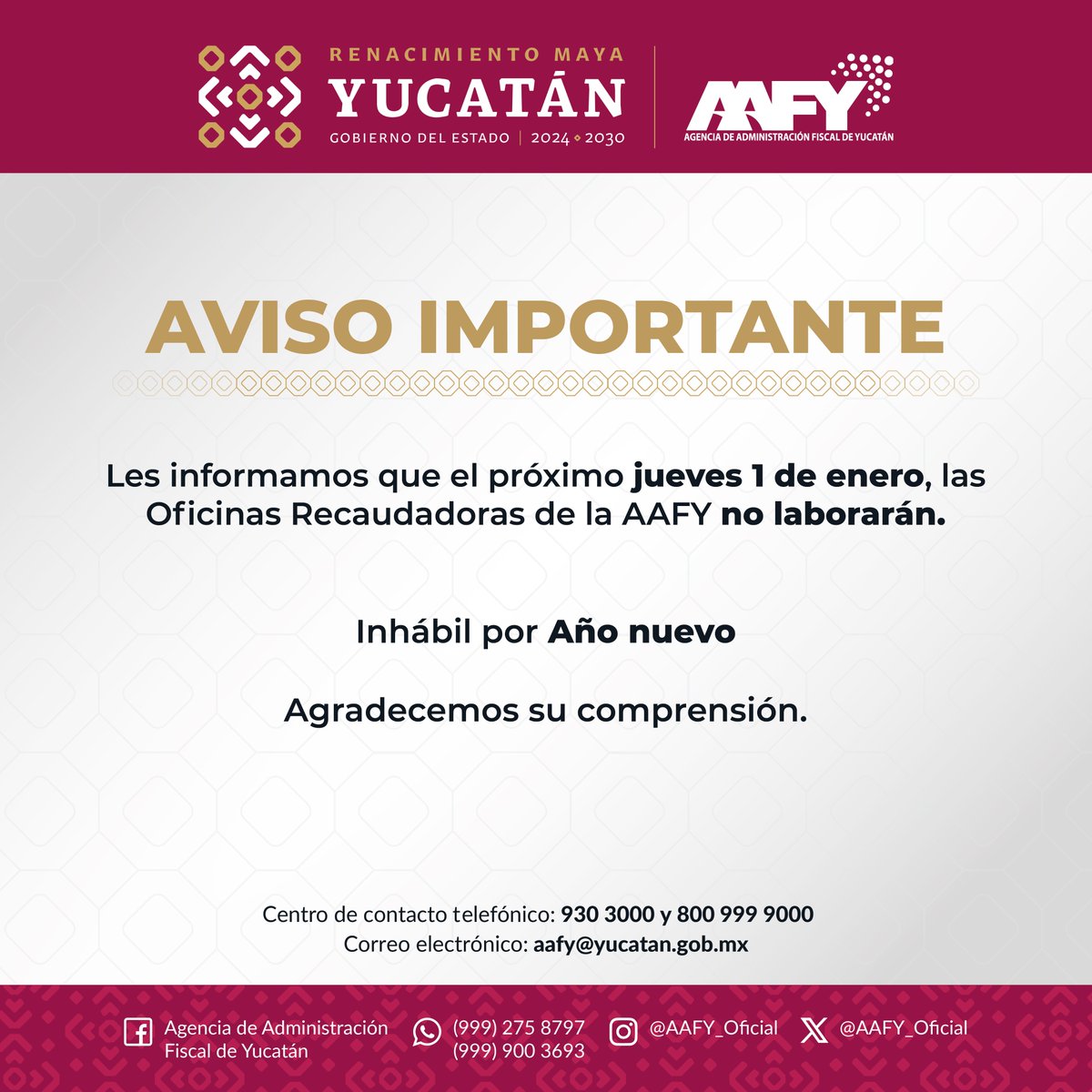 📢Aviso Importante

Les informamos que el próximo jueves 1 de enero, las oficinas recaudadoras de la AAFY no laborarán con motivo de la celebración de Año Nuevo🎆.

Gracias por su comprensión. Les deseamos un excelente inicio de año✨