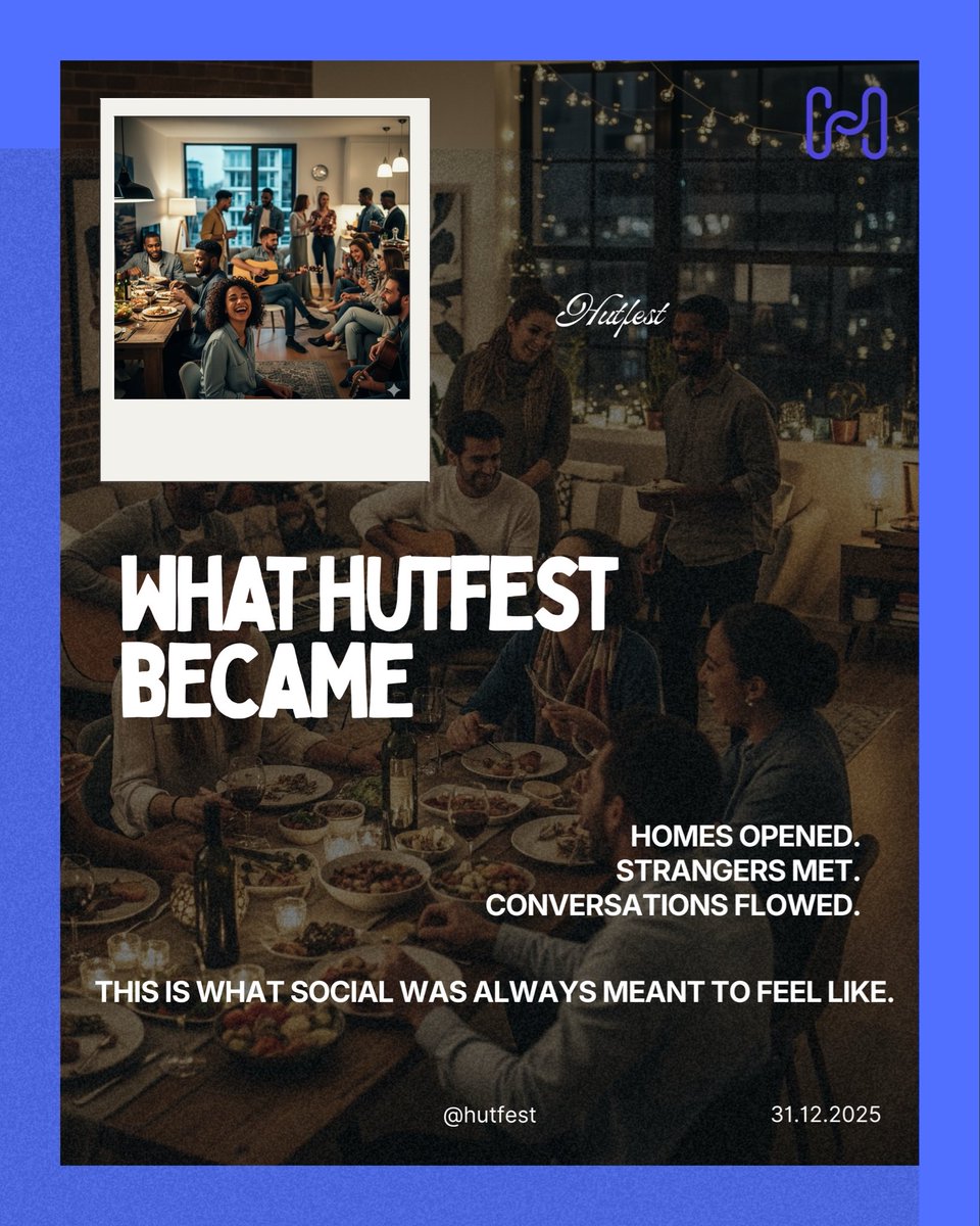 Hutfest's tweet photo. 2025 taught us something important.
People aren’t tired of people. They’re tired of pretending online.

This year, we saw homes open, strangers meet and real moments happen. Without filters, without pressure, without crowds.

👉 Host or join 
🌐 https://t.co/ZbgvEjTW9B https://t.co/O0WkhoAIPH