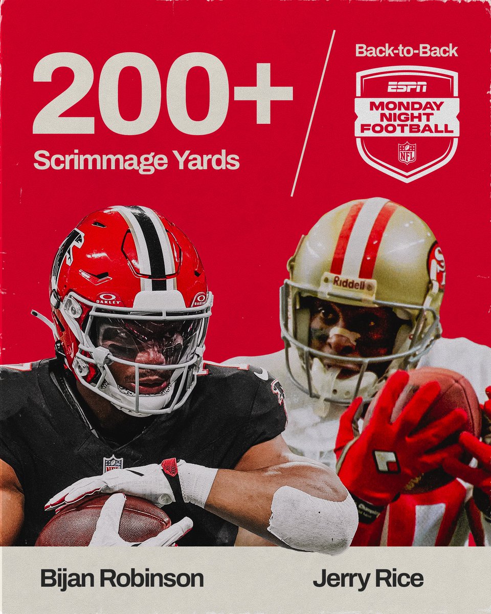 Players who have recorded 200+ scrimmage yards in back-to-back Monday Night Football games
@JerryRice and @Bijan5Robinson 👀